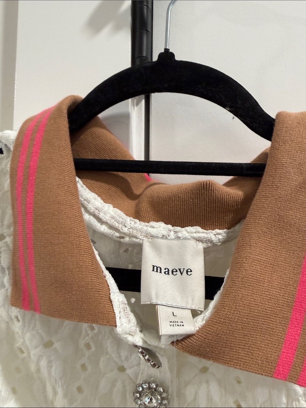 Anthropologie Maeve White Eyelet Knit Top with Tan & Pink Trim - Picture 3 of 7